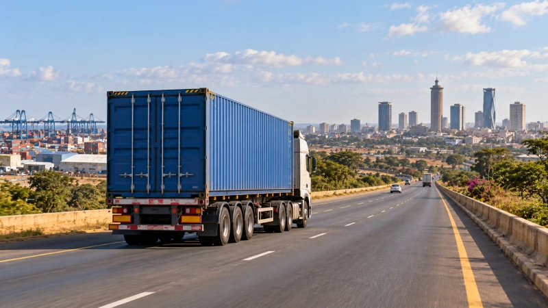 Container truck delivering cargo inland from Mombasa toward Nairobi in Kenya