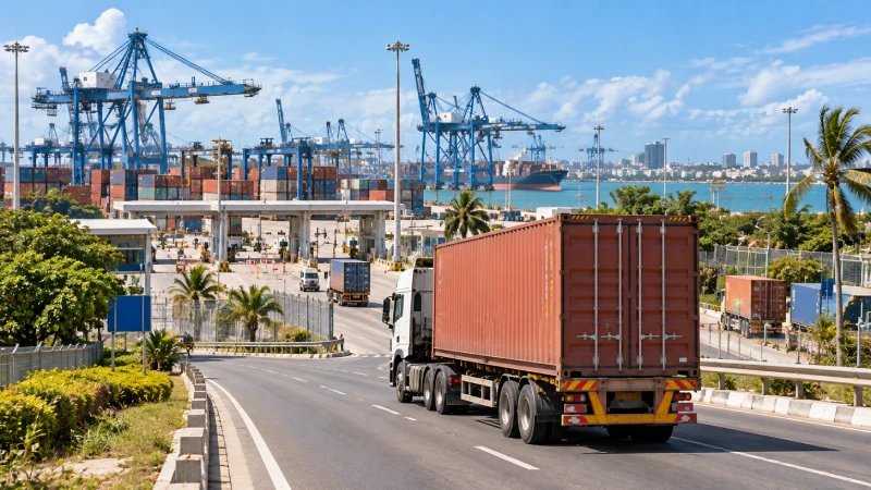Container truck leaving Mombasa Port for inland delivery in Kenya