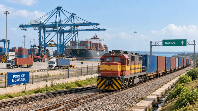 Container cargo moving inland from Mombasa toward Nairobi after arrival from China