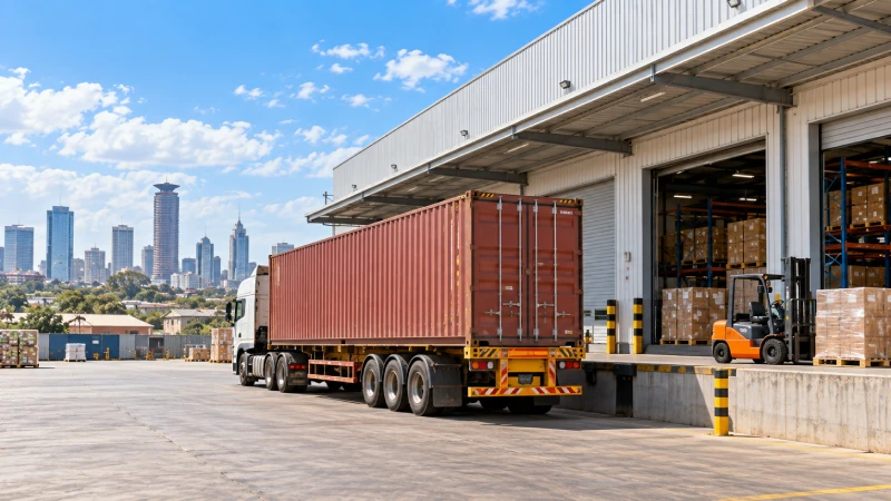Shipping container delivered by truck to a Nairobi warehouse after inland transport from Mombasa