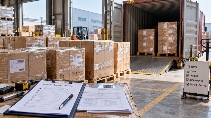 Containerized cargo undergoing final document and loading checks before shipping from China to Kenya