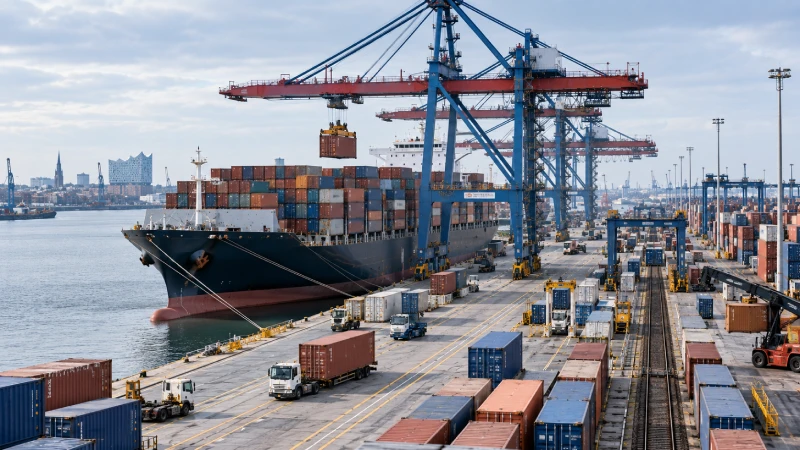 Sea freight from China arriving at a German container port