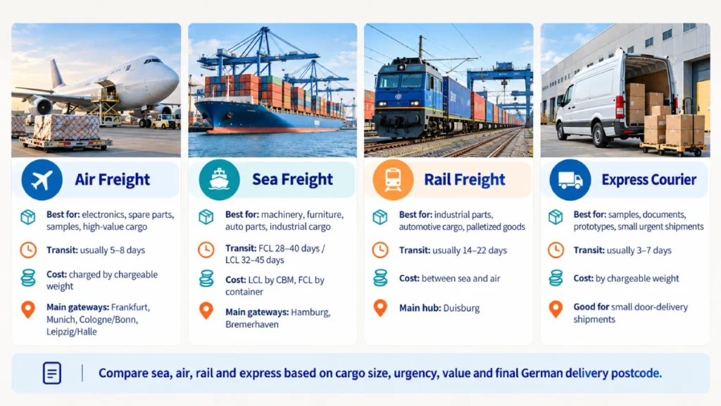 Sea, air and rail shipping methods from China to Germany