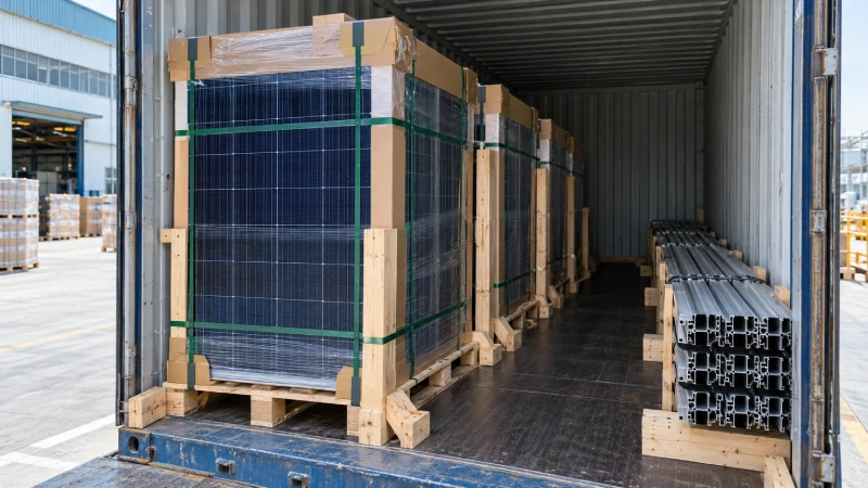 Solar panel pallets secured inside a container for shipping from China to Kenya