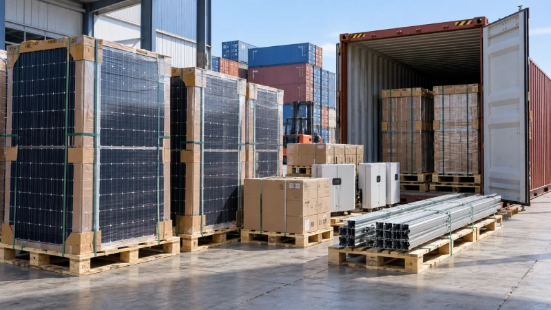 Solar panels and lithium storage batteries prepared separately for shipping to Kenya