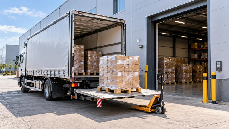 Tail-lift truck unloading palletised cargo at a German warehouse without a loading dock