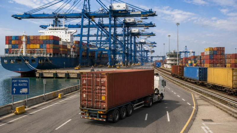 Container port and inland truck delivery for sea freight shipments arriving in the UK