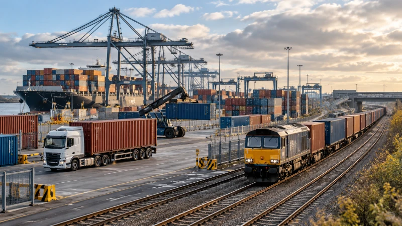 Container freight moving from a UK seaport by rail toward Birmingham and the Midlands