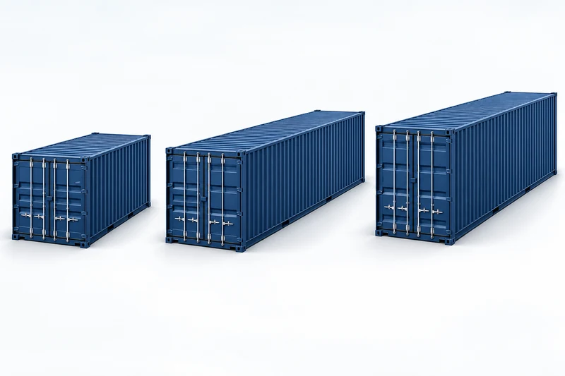 3D comparison of 20GP, 40GP and 40HC shipping containers showing differences in container length and height.