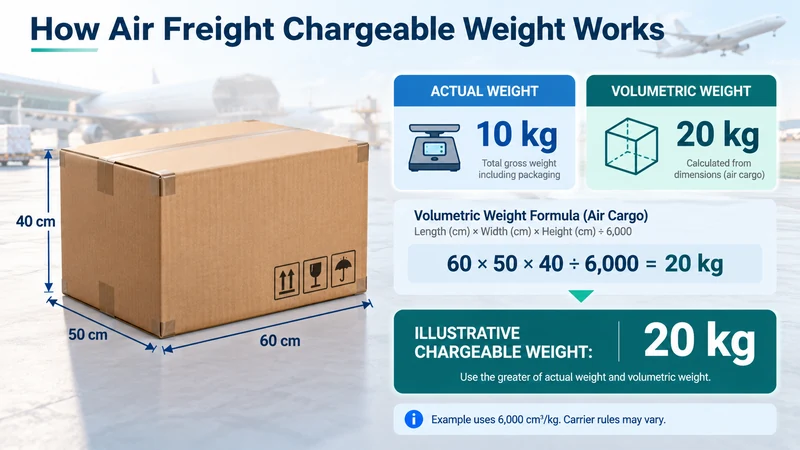 Air freight chargeable weight calculation comparing 10 kg actual weight and 20 kg volumetric weight for a 60 × 50 × 40 cm cargo carton.