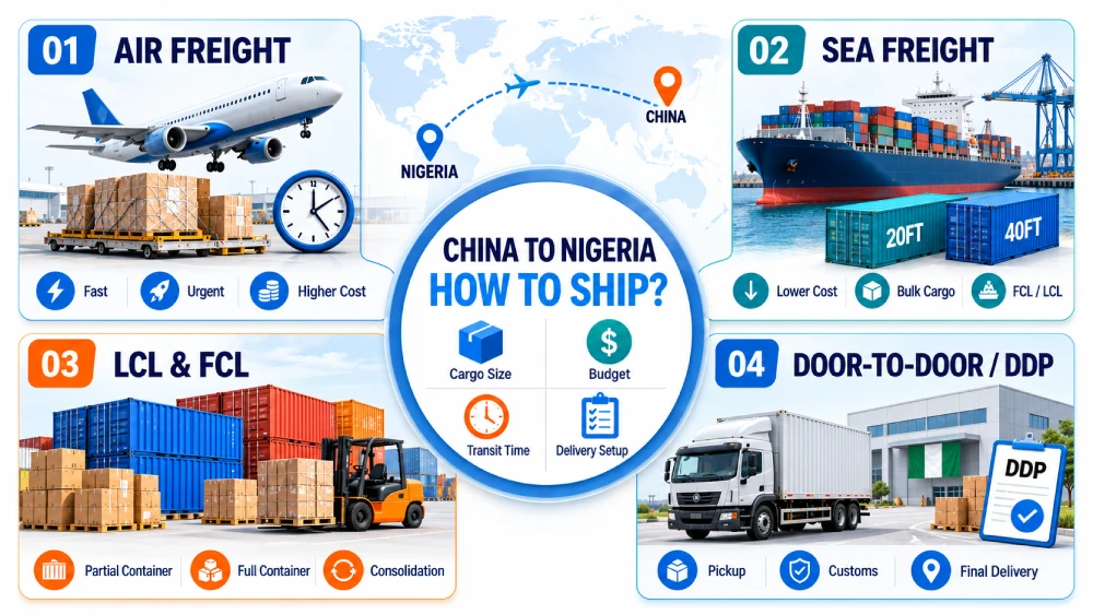 Modes d'expédition maritime, aérienne, express et porte-à-porte de la Chine vers le Nigeria