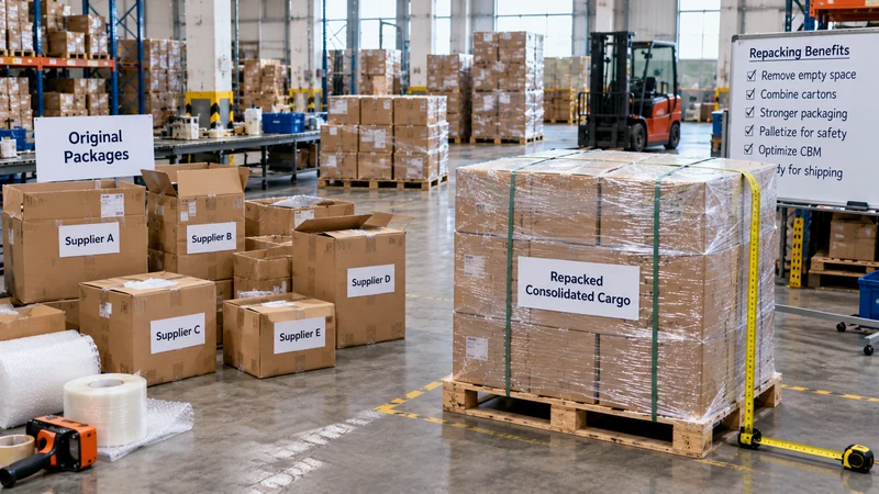 Repacked consolidated cargo prepared for final CBM measurement in a China warehouse