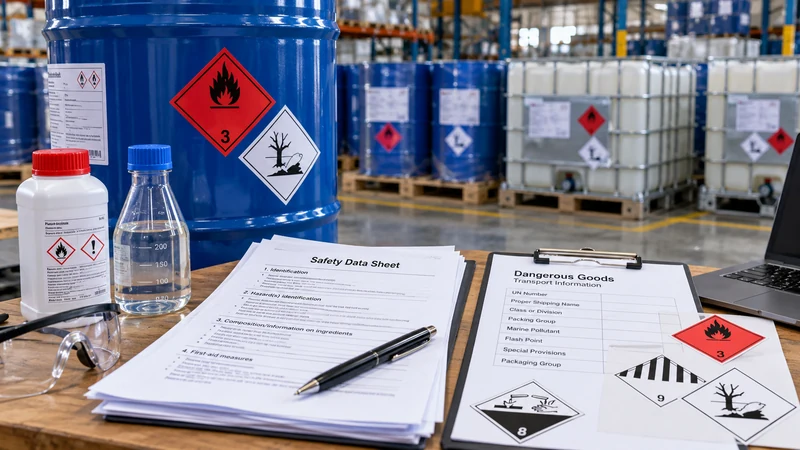 SDS documents and dangerous goods labels used to review chemical shipping classification