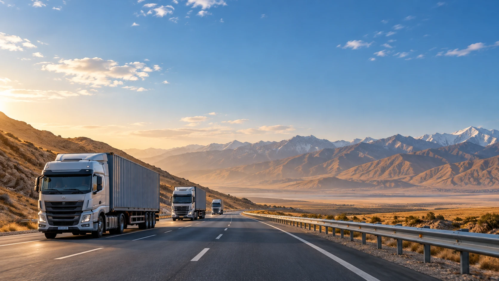 Heavy-duty freight trucks traveling along a highway through Xinjiang, China, for Central Asia road freight transportation.
