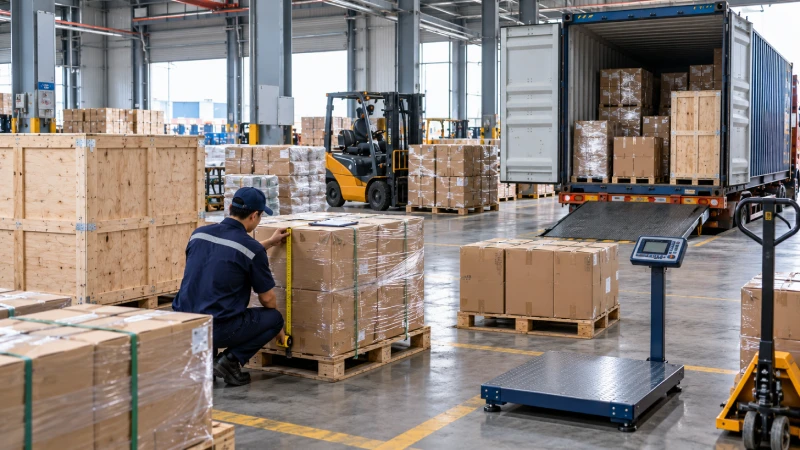 China LCL consolidation warehouse measuring and preparing cargo for shipping to Nigeria