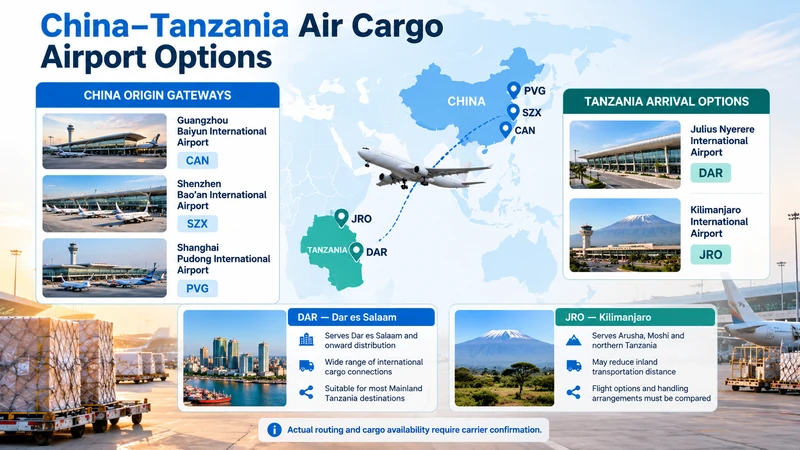 China to Tanzania air freight airport routing infographic showing Guangzhou CAN, Shenzhen SZX and Shanghai PVG origin gateways with DAR and JRO arrival options.