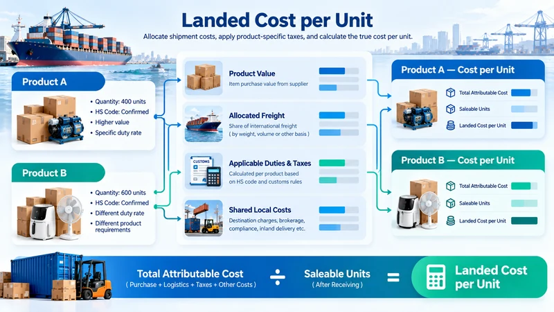 Illustration of landed cost per unit calculation for imported products from China to Tanzania, showing shared freight allocation and product-level costs.