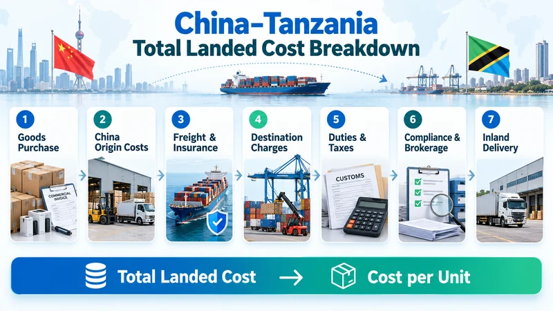 Infographic showing seven landed cost components for imports from China to Tanzania, including goods, freight, customs taxes, port fees, and inland delivery.