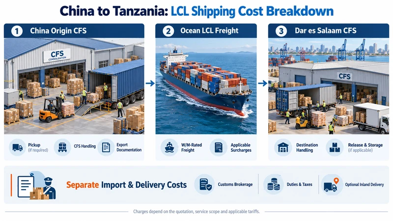 China to Tanzania LCL shipping cost breakdown showing origin CFS handling, ocean freight, Dar es Salaam CFS and import charges