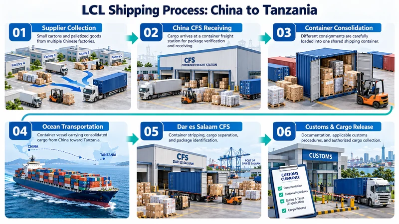 Six-step LCL shipping process from China to Tanzania showing supplier collection, China CFS receiving, container consolidation, ocean freight, Dar es Salaam deconsolidation, and cargo release.