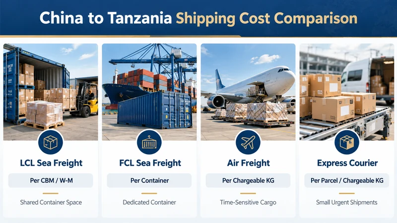 Infographic comparing LCL sea freight, FCL container shipping, air freight and express courier charging units from China to Tanzania.