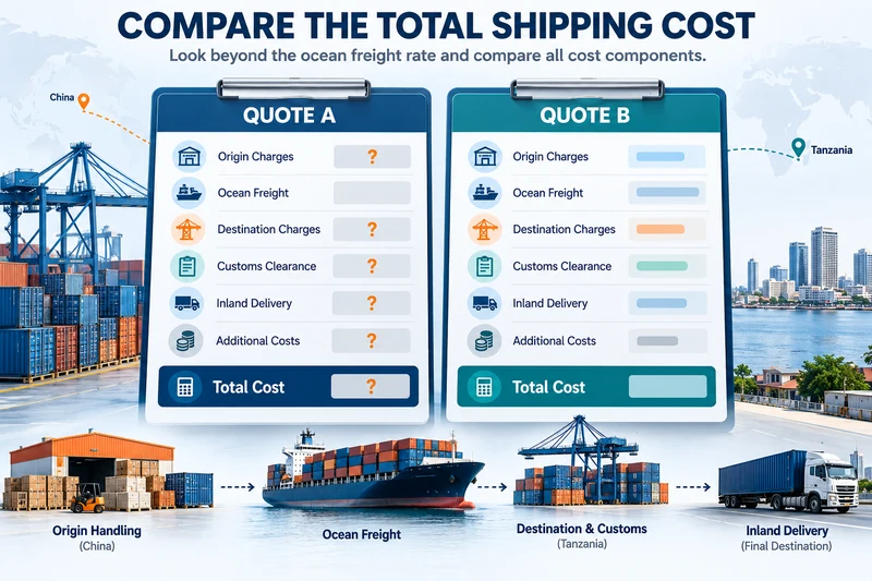 Side-by-side China to Tanzania freight quote comparison showing ocean freight, origin charges, destination fees, customs, and inland delivery costs.