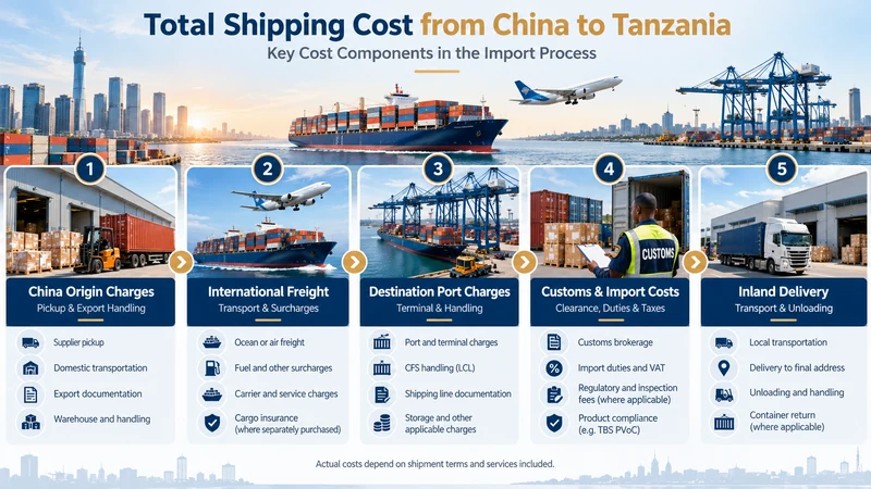 Infographic showing China origin charges, international freight, Tanzania port charges, customs costs and inland delivery expenses.