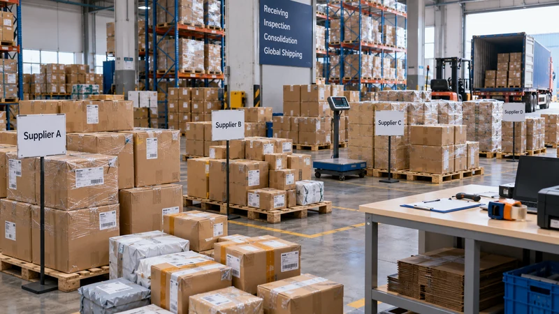Multiple Alibaba and 1688 supplier orders consolidated at a China freight warehouse