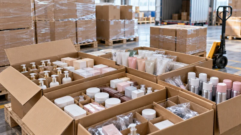 Cosmetics packed for international shipping with liquid and aerosol cargo screening