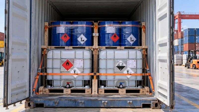 Dangerous goods drums and IBC tanks secured inside a container for sea freight to Nigeria