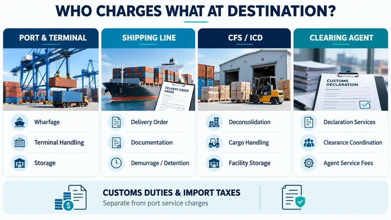 Infographic showing Dar es Salaam import destination charge categories, including port and terminal fees, shipping-line fees, CFS handling and clearing-agent charges.