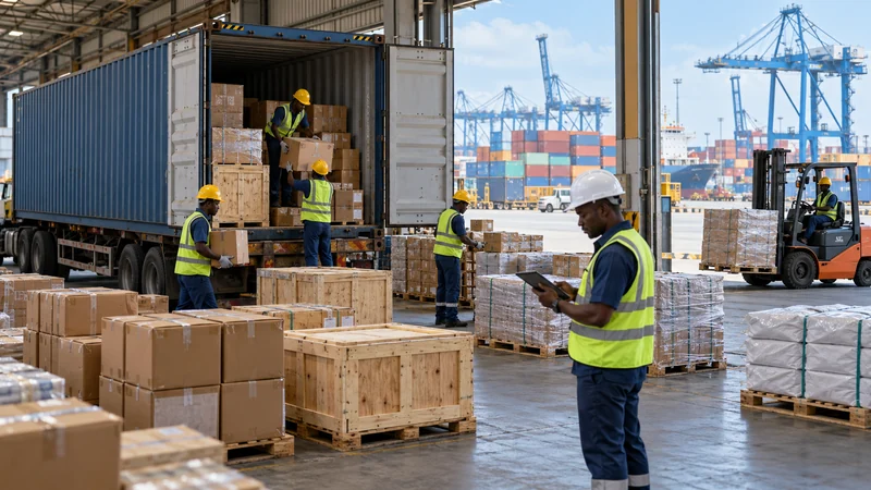 LCL cargo deconsolidation at a Dar es Salaam container freight station, with warehouse workers unloading and sorting cartons and pallets from a shared shipping container.