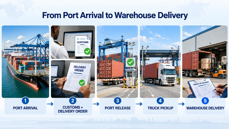 Five-stage Dar es Salaam container import process showing vessel arrival, customs and delivery order, port release, truck pickup and warehouse delivery.