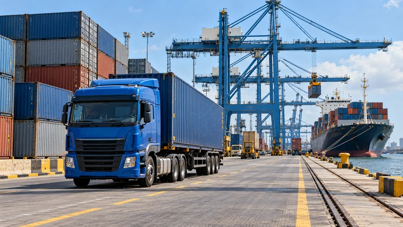 Container truck at Dar es Salaam port illustrating inland freight transportation to industrial factories in Morogoro, Tanzania.