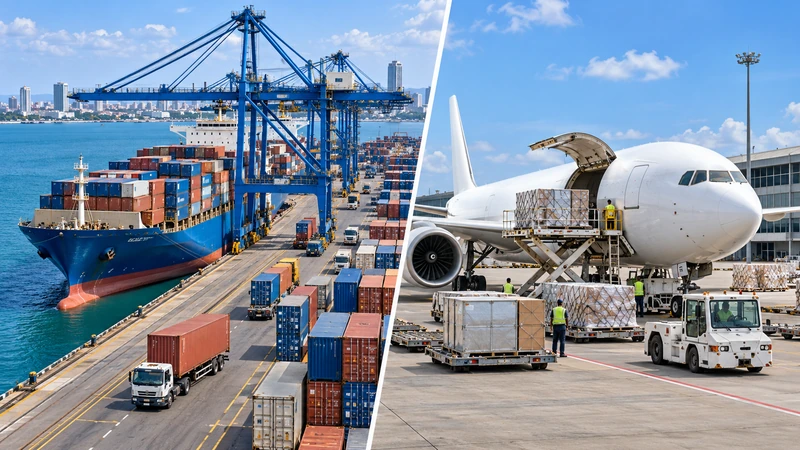 Sea freight containers at Dar es Salaam Port compared with air cargo handling at Julius Nyerere International Airport in Tanzania.