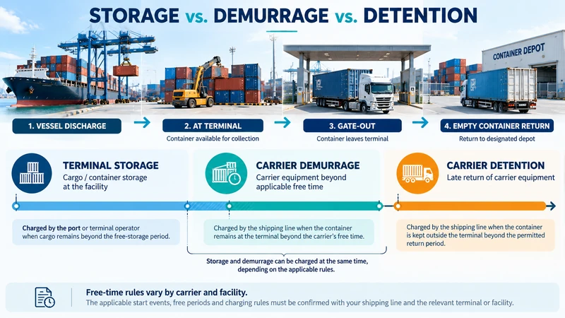 Infographic explaining the difference between terminal storage, shipping-line demurrage and container detention for imports through Dar es Salaam Port.