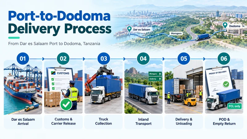 Six-step logistics timeline showing cargo arrival, customs clearance, trucking, unloading and delivery confirmation from Dar es Salaam to Dodoma.