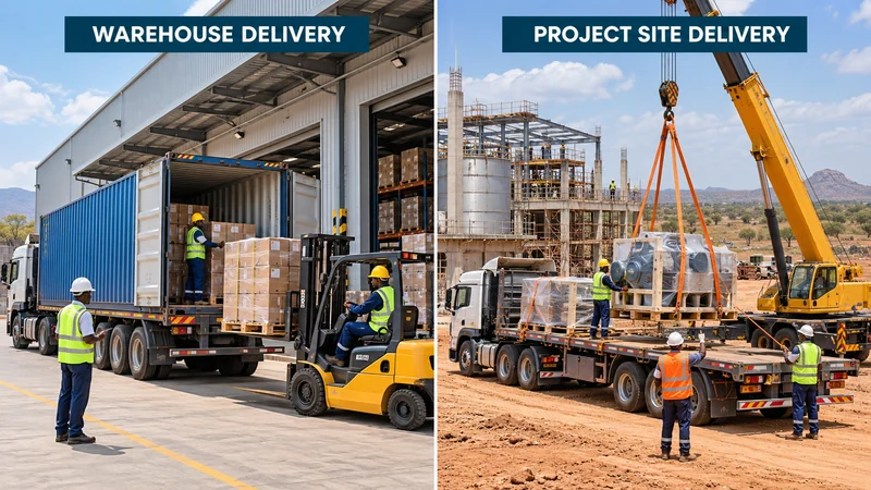 Comparison of container unloading at a commercial warehouse and machinery delivery to a construction project site in Dodoma, Tanzania.