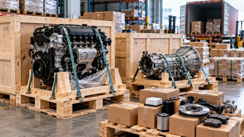 Engine and gearbox packed on export skids for shipping from China to Nigeria