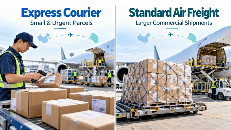 Comparison of express courier services for small parcels and standard air freight for larger commercial cargo from China to Tanzania.