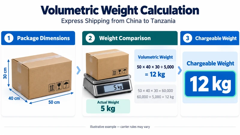 Express shipping volumetric weight calculation showing a 50 × 40 × 30 cm parcel weighing 5 kg with a calculated chargeable weight of 12 kg.