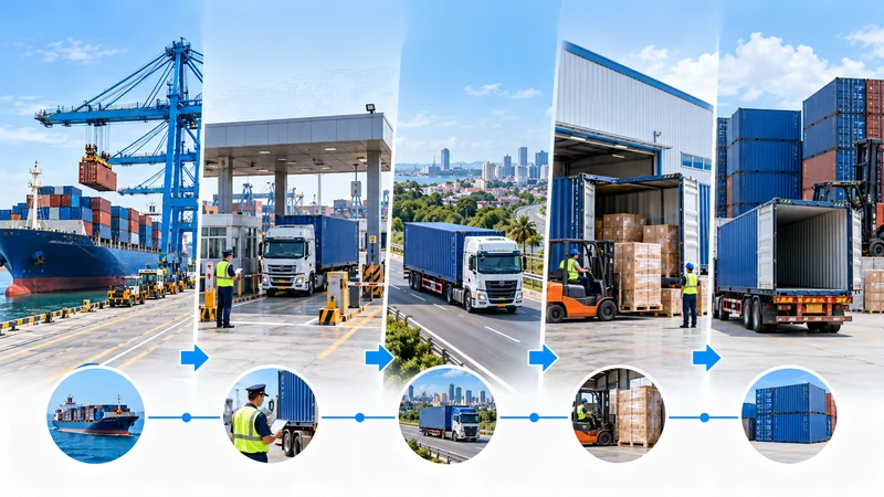 FCL container workflow at Dar es Salaam showing customs release, inland delivery, unloading and empty container return