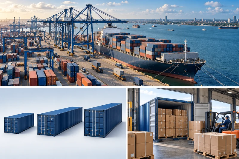 Container shipping and warehouse cargo loading scenes illustrating FCL equipment selection and shipping cost per unit.