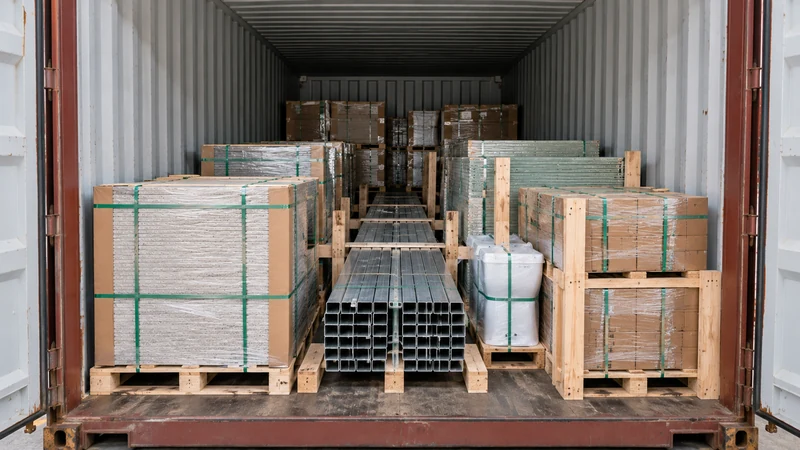 Heavy building materials evenly distributed inside a shipping container