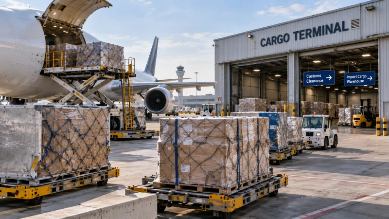 Manutention du fret aérien commercial à l'aéroport de Lagos après l'arrivée du fret aérien en provenance de Chine