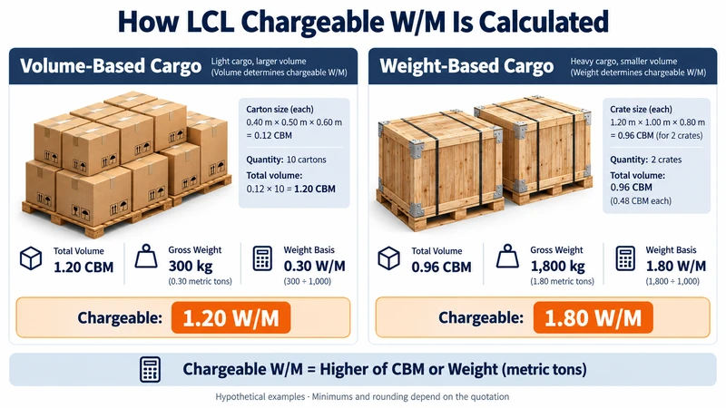 LCL shipping CBM and W/M calculation infographic comparing volume-based and weight-based cargo charges from China to Tanzania