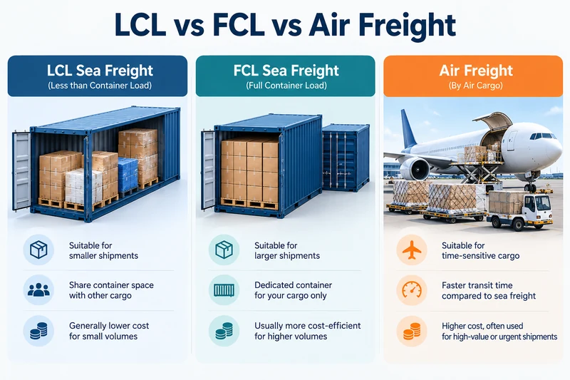 Visual comparison of LCL shared container shipping, FCL container shipping, and air freight from China to Tanzania.