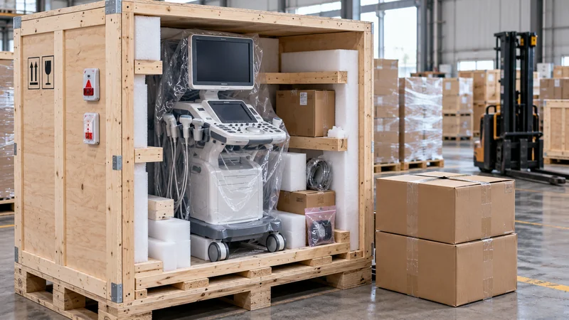 Medical equipment packed in an export crate for shipping from China to Nigeria