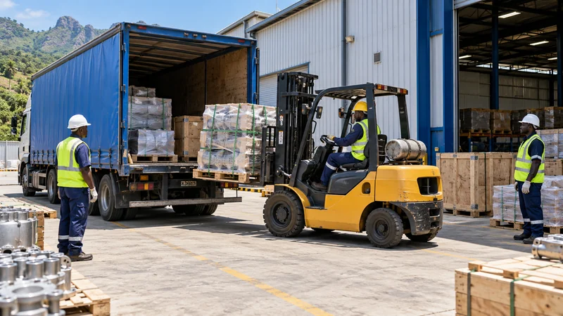 Forklift unloading palletized industrial cargo from a delivery truck at a factory warehouse in Morogoro, Tanzania.
