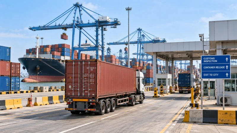 Nigeria port clearance process showing container terminal, customs documentation and inland trucking after arrival